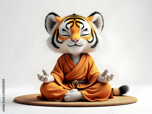 Meditating cartoon tiger in an orange robe sits peacefully on a mat, embodying tranquility and mindfulness in a serene space photo