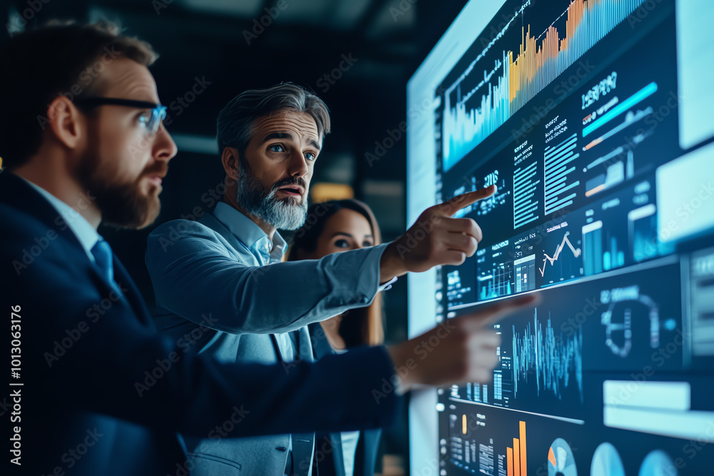 Business team analyzing data on large screen. Business team analyzing data on large screen.