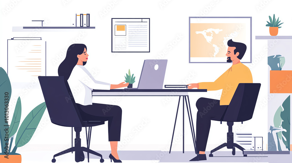 Two people working together at a desk in an office. Two people working together at a desk in an office.