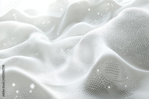 Abstract wave pattern with connecting dots and lines on a dark background, futuristic white design