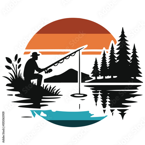 Fisherman Casting Line by the Lake vector