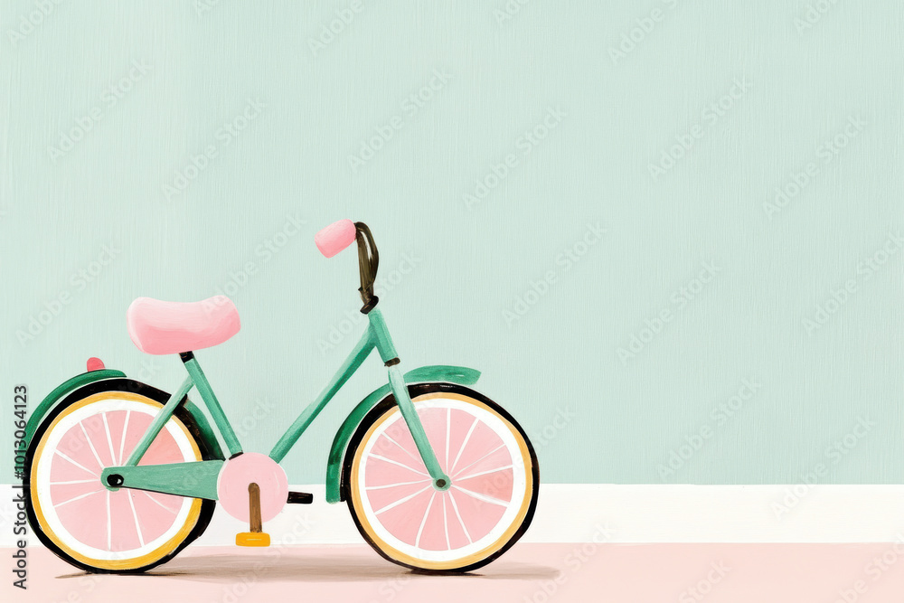 Pastel bicycle illustration with green frame and pink accents against soft background Pastel bicycle illustration with green frame and pink accents against soft background
