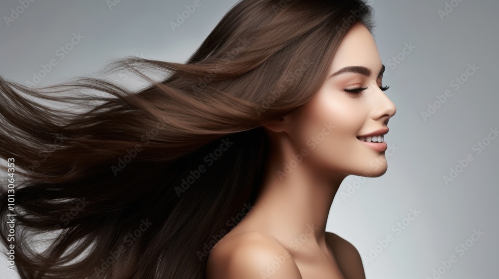 A woman with flowing hair and a serene smile, captured in profile against a simple gray background, radiating elegance and calm. A woman with flowing hair and a serene smile, captured in profile against a simple gray background, radiating elegance and calm.