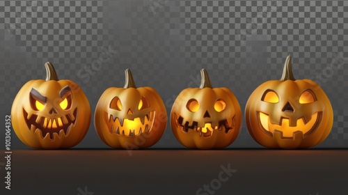 Set of four funny halloween pumpkins. Isolated on transparent background. Generative Ai photo