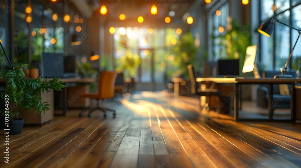 Business modern office open space with wooden floor bokeh background blurred interior with panoramic windows and beautiful lighting Business modern office open space with wooden floor bokeh background blurred interior with panoramic windows and beautiful lighting