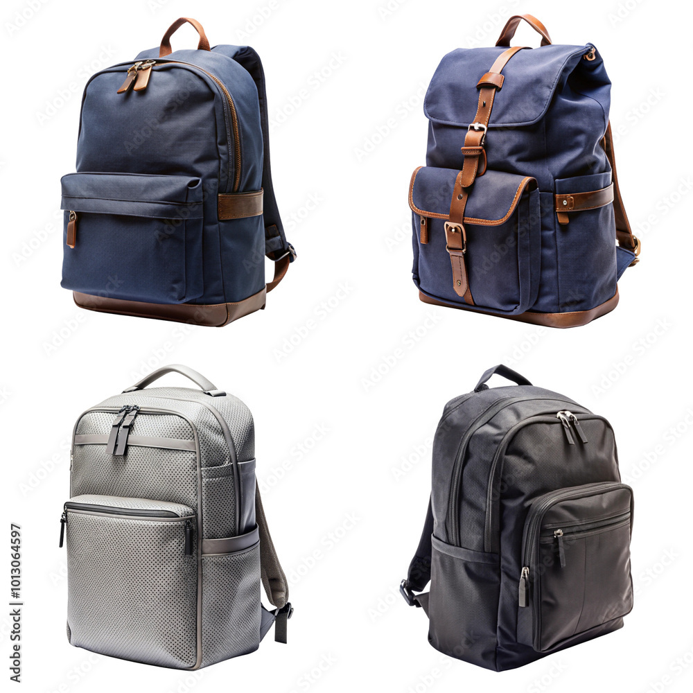Naklejka premium Minimalist modern backpack bundle isolated on transparent background with sleek designs and colors