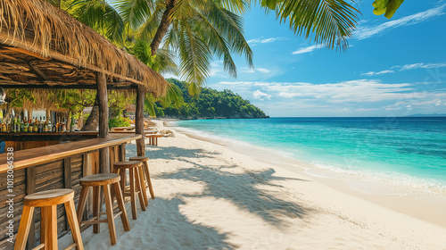 Fototapeta Naklejka Na Ścianę i Meble -  Tropical beach bar paradise with palm trees and turquoise waters