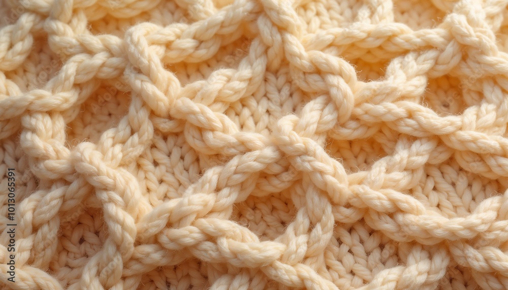 Close-up of intricate knitted pattern in soft cream color with yarn detail, coarse wool texture Close-up of intricate knitted pattern in soft cream color with yarn detail, coarse wool texture