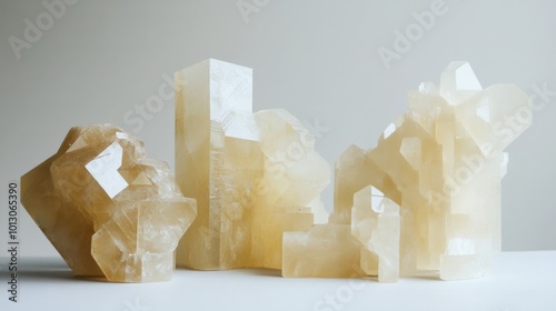 Calcite crystal formations, with translucent surfaces and sharp, geometric edges photo