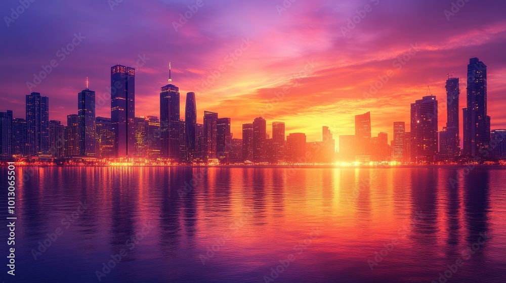 Fototapeta premium Vibrant Cityscape at Sunset Over Waterfront Skyline