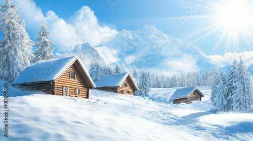 Cozy Wooden Cabins in a Snowy Mountain Landscape
