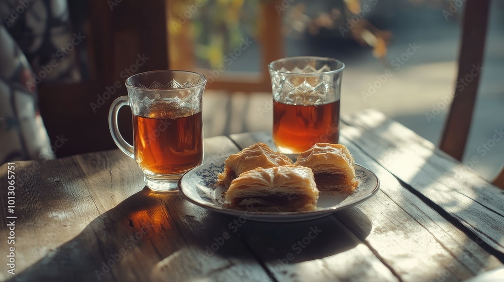 Traditional Turkish Tea with Pastries on Wooden Table Traditional Turkish Tea with Pastries on Wooden Table