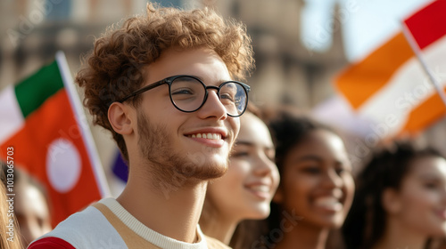 A smiling student with glasses stands in a crowd, surrounded by international flags in the background. photo