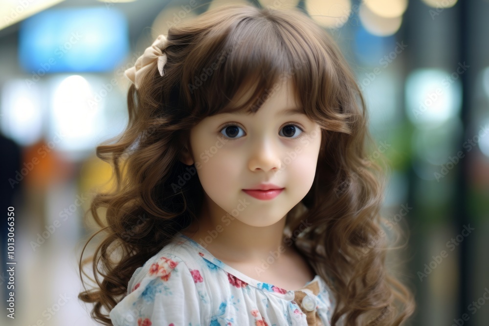 Portrait of a beautiful little girl with long curly hair in the shopping mall