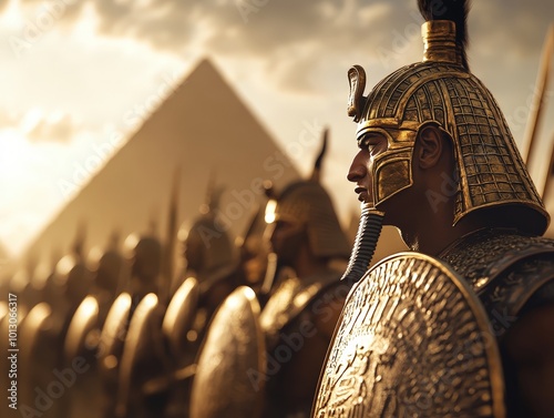 A scene of warriors in majestic attire standing before the pyramid, representing an era of nobility, valor, and the enduring grandeur of ancient civilization.