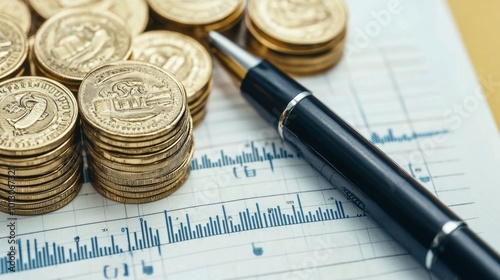 Stacked Coins Next to a Pen on Financial Document