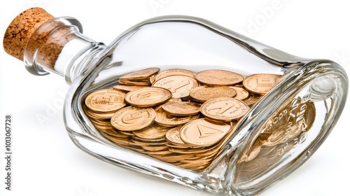 Coins in a Glass Bottle with Cork Stopper
