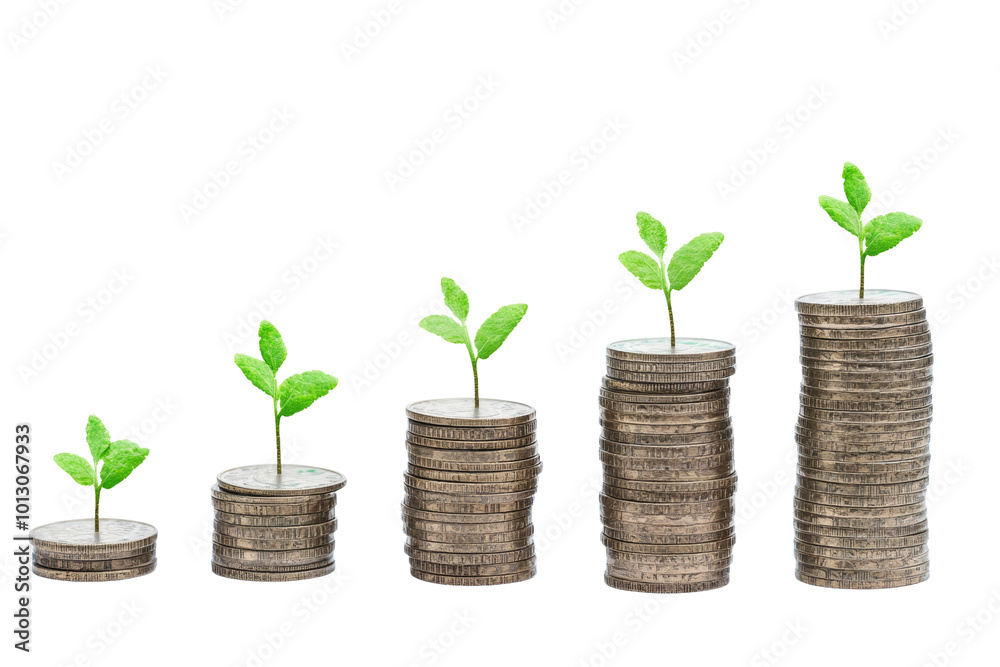 Growing Your Investment: A symbolic depiction of financial growth and prosperity, with coins stacked in an ascending order, each topped with a vibrant green sprout. Growing Your Investment: A symbolic depiction of financial growth and prosperity, with coins stacked in an ascending order, each topped with a vibrant green sprout.