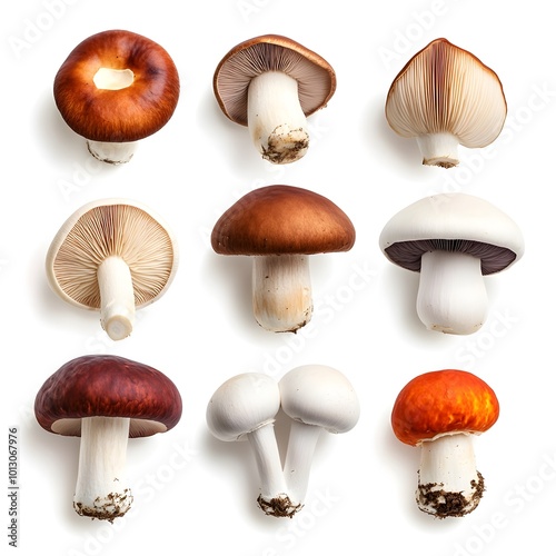 Closeup of a collection of fresh organic garlic mushrooms arranged on an isolated white background highlighting the natural textures and colors of this culinary ingredient