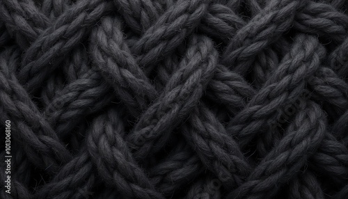 Close-up of braided knitted texture in dark gray with chunky yarn, coarse wool texture