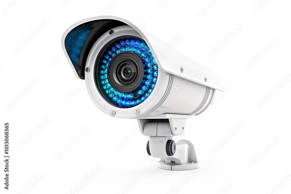 Close-up view of modern CCTV security camera isolated on white background. Concept of surveillance and security systems Close-up view of modern CCTV security camera isolated on white background. Concept of surveillance and security systems