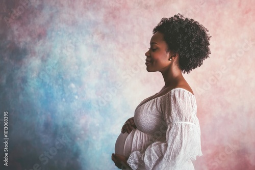 Elegant Portrait of Pregnant Woman in White Dress on Artistic Pastel Background for Maternity Design