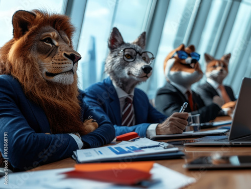 Anthropomorphic animals in business attire are focused in a skyscraper boardroom, illustrating corporate decision-making and strategy development dynamics.