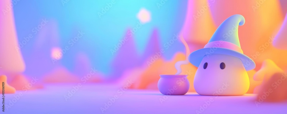Fototapeta premium Cute pastel witch stirring potion in a spooky forest, 3D illustration