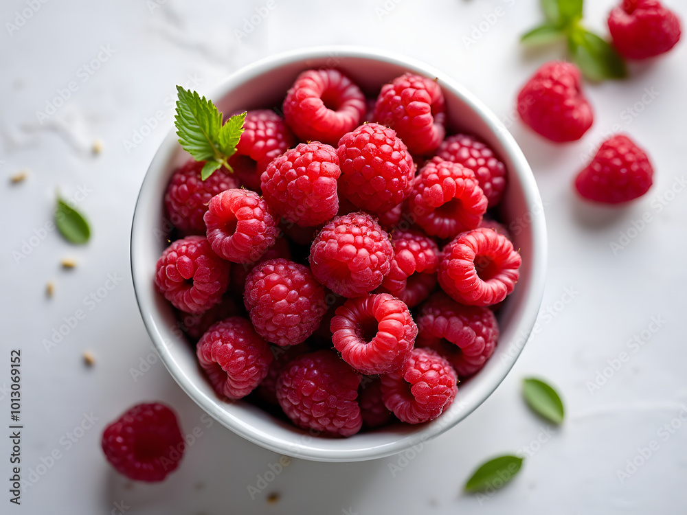 Fresh raspberries in a white bowl on a marble countertop, surrounded by scattered fruit and mint leaves during daylight Fresh raspberries in a white bowl on a marble countertop, surrounded by scattered fruit and mint leaves during daylight