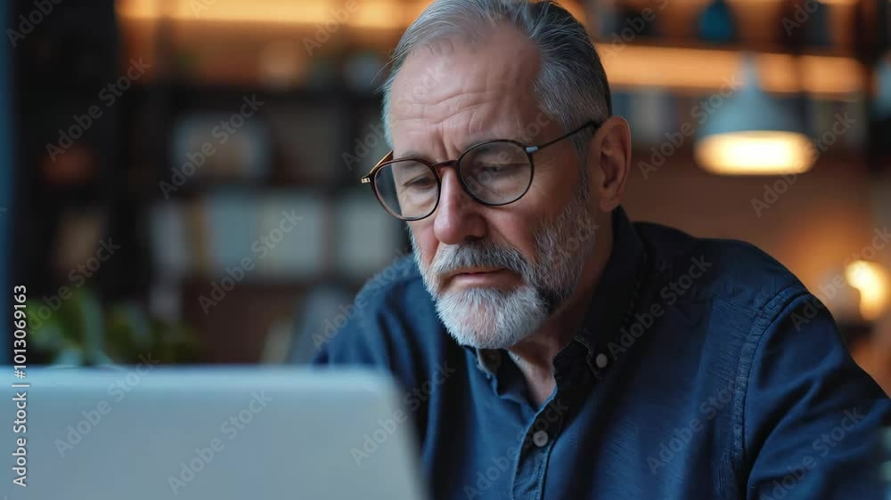Senior Elderly Man Close up Portrait Typing Using Laptop at Home