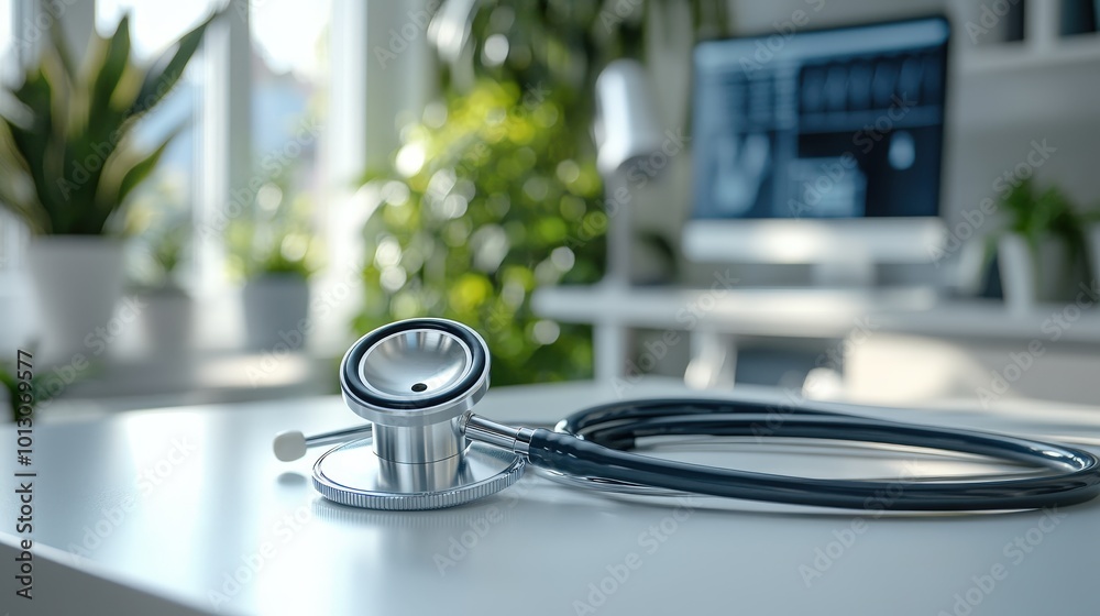 Modern medical office with a stethoscope on a table, emphasizing healthcare and wellness in a bright and inviting environment. Modern medical office with a stethoscope on a table, emphasizing healthcare and wellness in a bright and inviting environment.