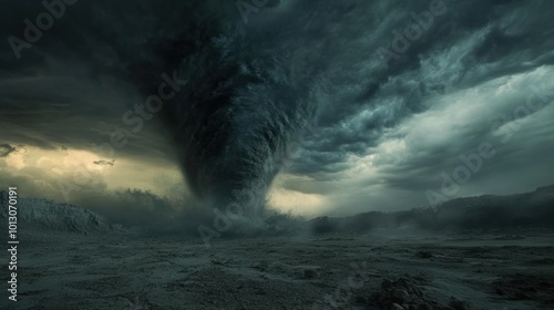 Wide shot of a tornado moving across a flat landscape, dramatic storm clouds overhead