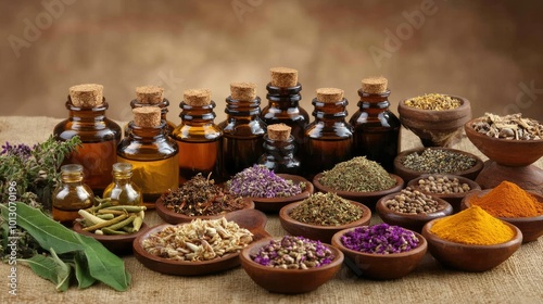 Collection of Ayurvedic Herbs and Oils on a Table