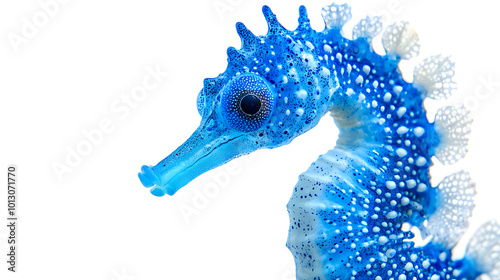 A vibrant blue seahorse beautifully isolated against a white background