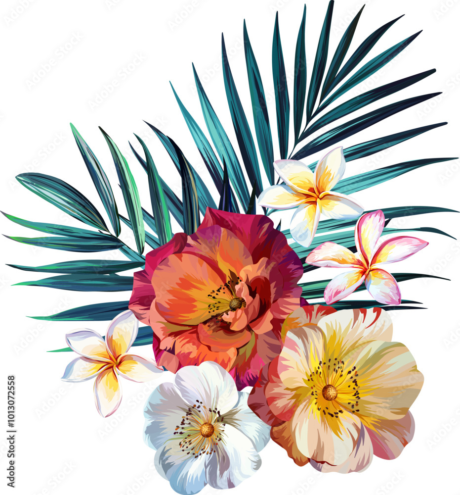 Obraz premium Bouquet of tropical flowers. Summer bouquet of flowers. Camellia, rose, hibiscus, orchid, plumeria, paradise flowers. Exotic, tropical