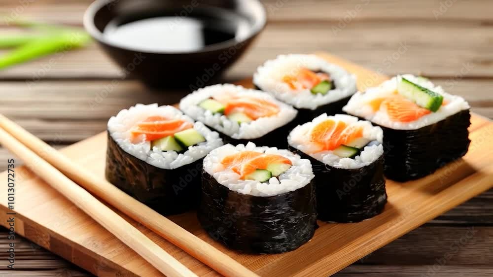 Fresh Sushi Rolls with Salmon and Cucumber on Wooden Board with Chopsticks and Soy Sauce Fresh Sushi Rolls with Salmon and Cucumber on Wooden Board with Chopsticks and Soy Sauce
