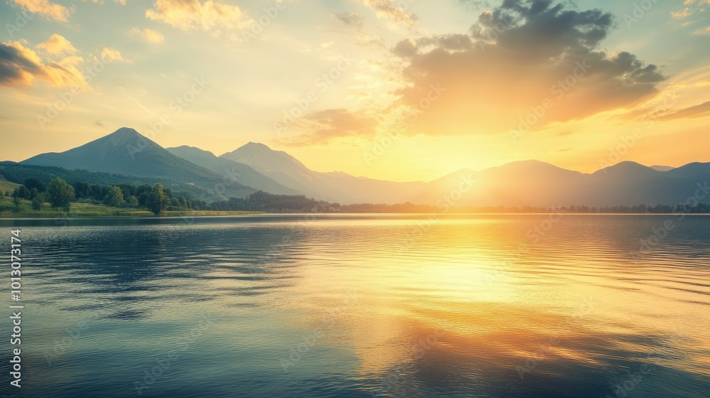 Serene Sunset Over Lake with Mountains in Background Serene Sunset Over Lake with Mountains in Background
