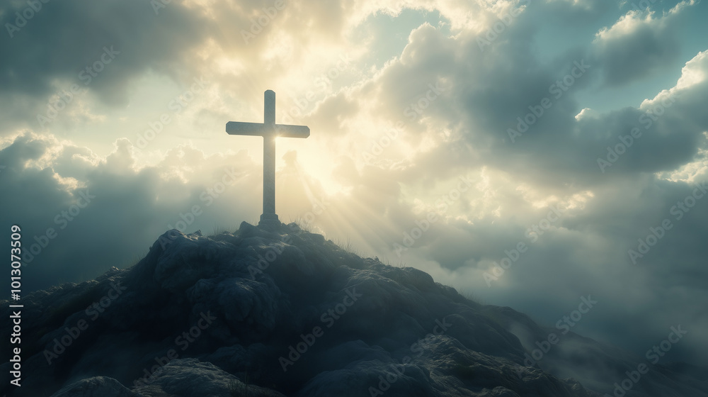 Crucifix at the top of a Mountain with Sunlight Breaking through the Clouds. Inspirational Christian Image.
Crucifix at the top of a Mountain with Sunlight Breaking through the Clouds. Inspirational Christian Image.