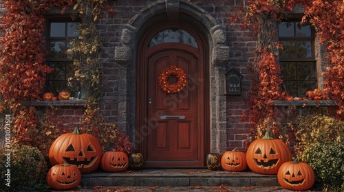 Front Door with Halloween Decorations and Pumpkins. AI generated