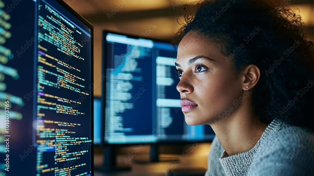 A woman intently looks at lines of code on a computer screen, likely working late on a project