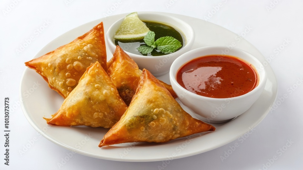 Savory Samosas with Mint Chutney and Sauce Savory Samosas with Mint Chutney and Sauce