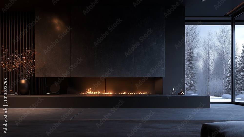 Modern Living Room with Sleek Fireplace, Dark Minimalist Design, and Winter Forest View, Ideal for Luxury Interiors, Cozy Winter Retreats, and Contemporary Home Decor Modern Living Room with Sleek Fireplace, Dark Minimalist Design, and Winter Forest View, Ideal for Luxury Interiors, Cozy Winter Retreats, and Contemporary Home Decor
