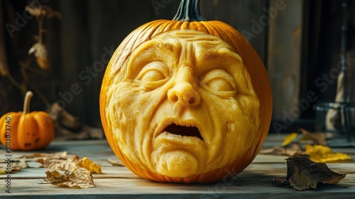 Funny Halloween pumpkin on wooden background. Preparation for Halloween. Head carved from a pumpkin for Halloween holiday. photo