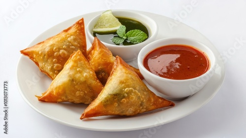 Savory Samosas with Mint Chutney and Sauce