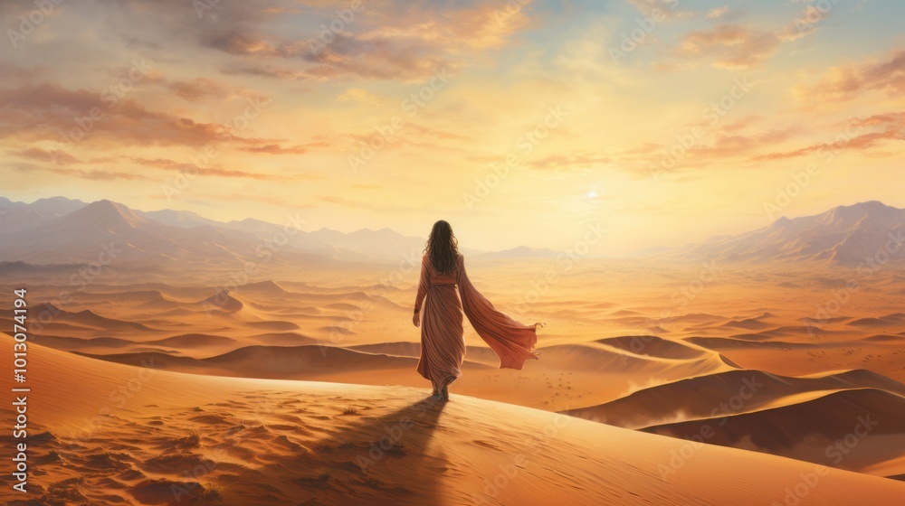 Portrait of a young Arab woman with traditional attire, gazing into the distance on a desert dune, Portrait of a young Arab woman with traditional attire, gazing into the distance on a desert dune,