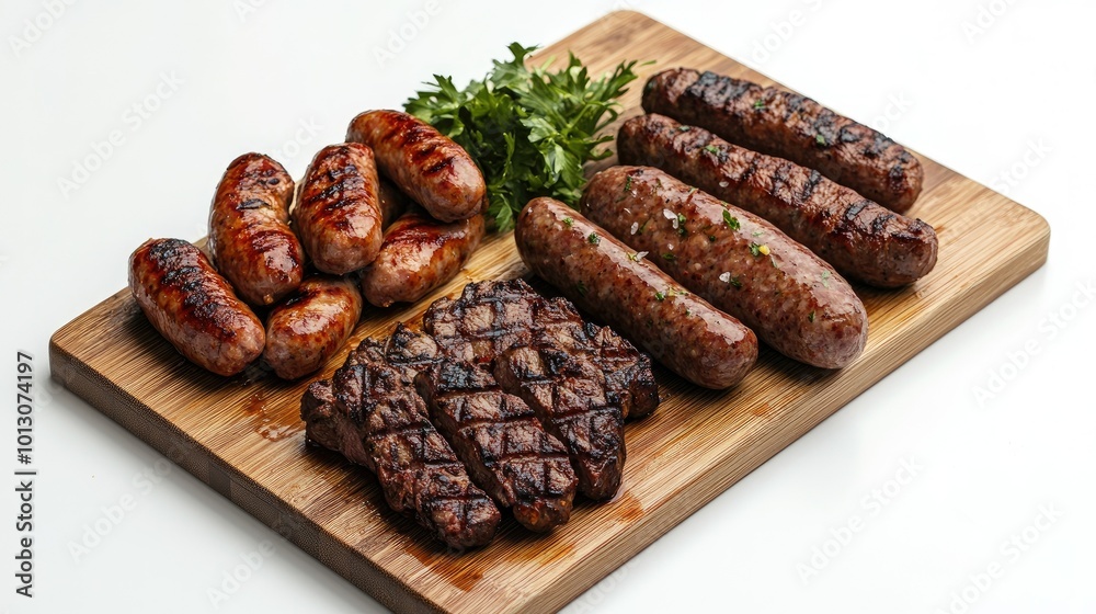 Grilled Beef and Sausage Assortment on Wooden Board Grilled Beef and Sausage Assortment on Wooden Board