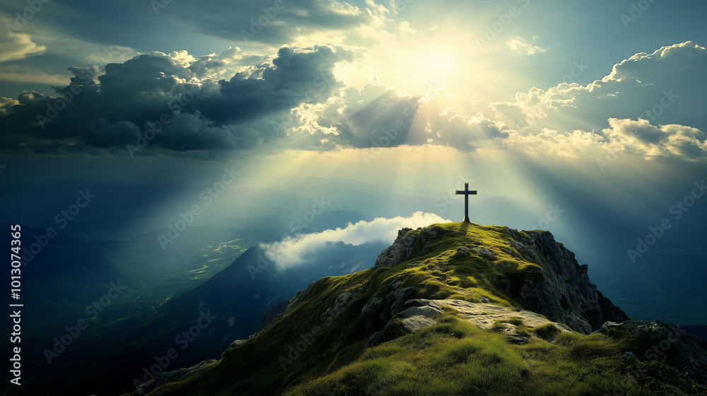 Crucifix at the top of a Mountain with Sunlight Breaking through the Clouds. Inspirational Christian Image.
Crucifix at the top of a Mountain with Sunlight Breaking through the Clouds. Inspirational Christian Image.