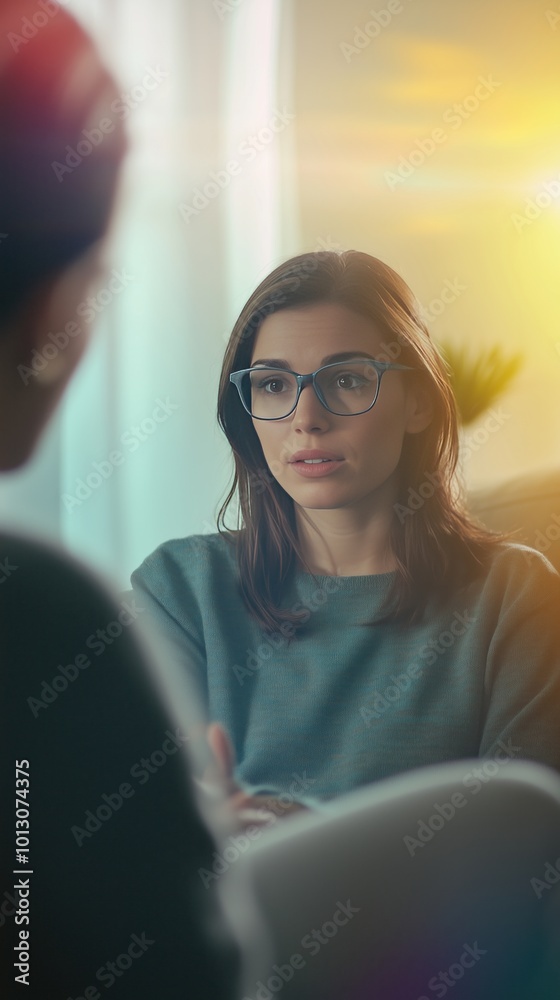 woman in glasses sitting on a couch is talking to a female therapist woman in glasses sitting on a couch is talking to a female therapist