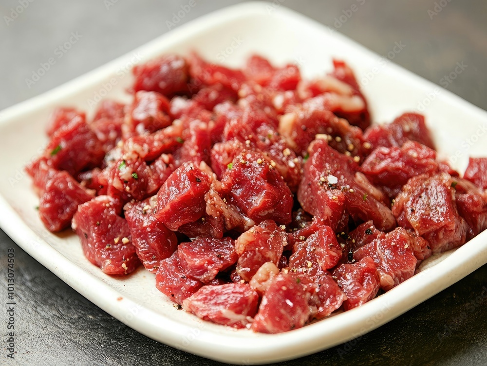 Diced Yakiniku Beef on White Plate