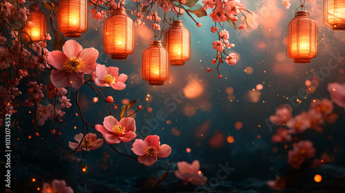 Colorful lanterns and stylized flowers softly glowing against a dark ethereal background, capturing a festive atmosphere. Watercolor diwali greeting card banner mockup.